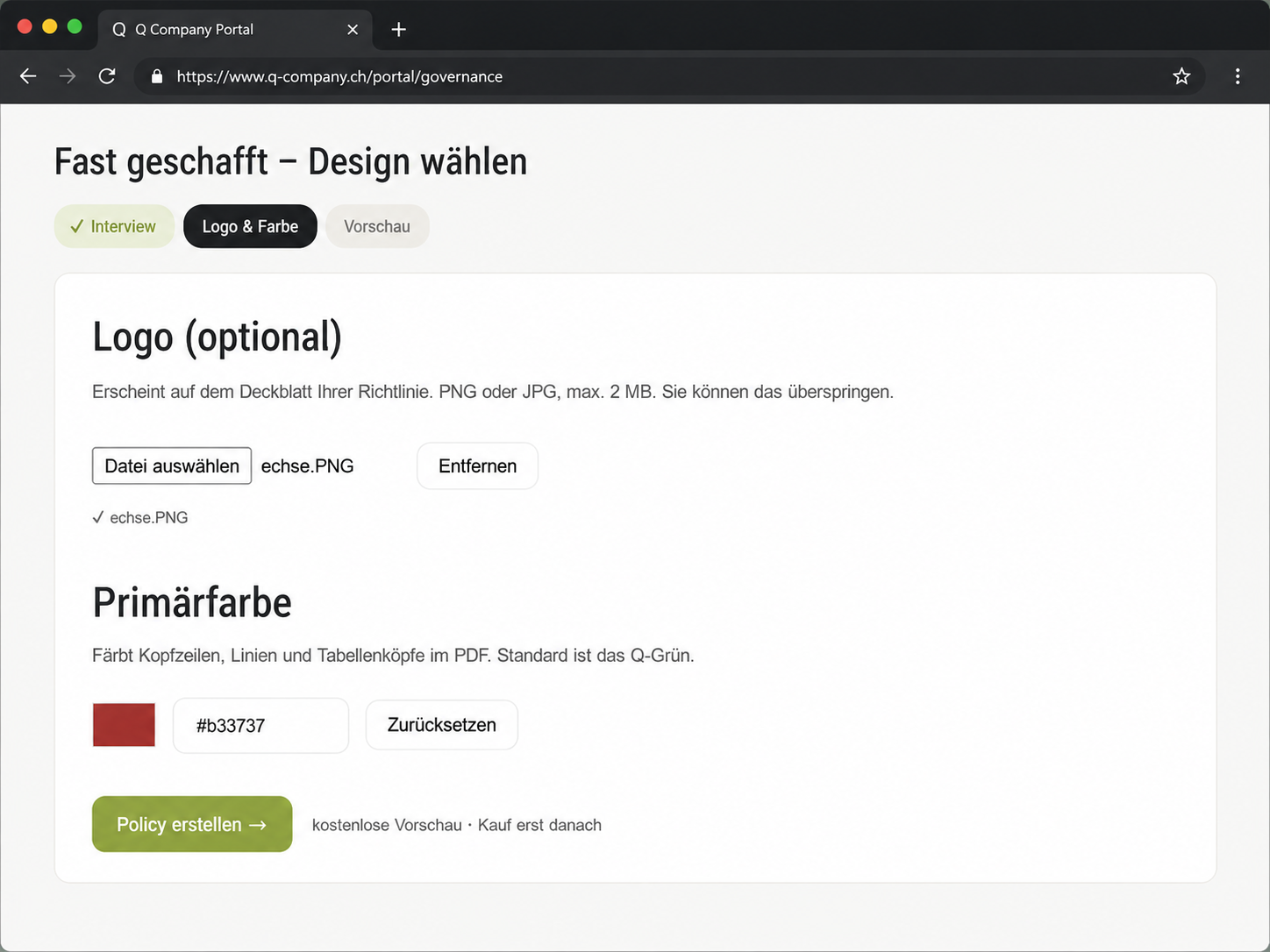 Design-Schritt: Logo-Upload und Primärfarbe